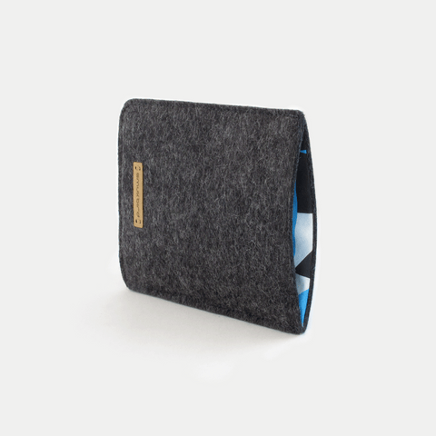 Handytasche für Samsung Galaxy A37 aus anthrazit Wollfilz und Baumwolle, innen blau, stilvolles Design.