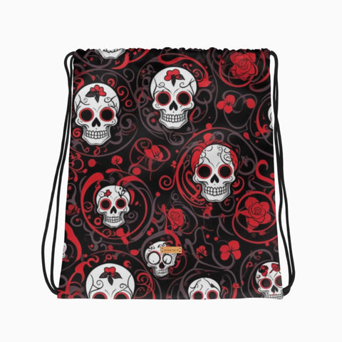 Turnbeutel mit Rosen- und Totenkopf-Muster, flach ausgelegt.